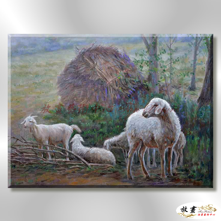羊18 純手繪 油畫 橫幅 灰綠 中性色系 動物 大自然 藝術畫 掛畫 生肖 客廳 裝潢 室內設計