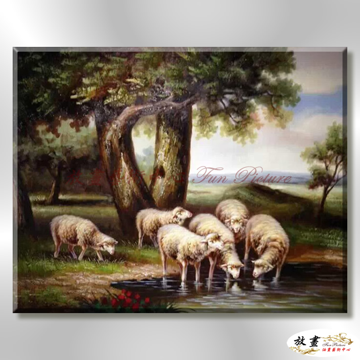 羊21 純手繪 油畫 橫幅 褐綠 中性色系 動物 大自然 藝術畫 掛畫 生肖 客廳 裝潢 室內設計