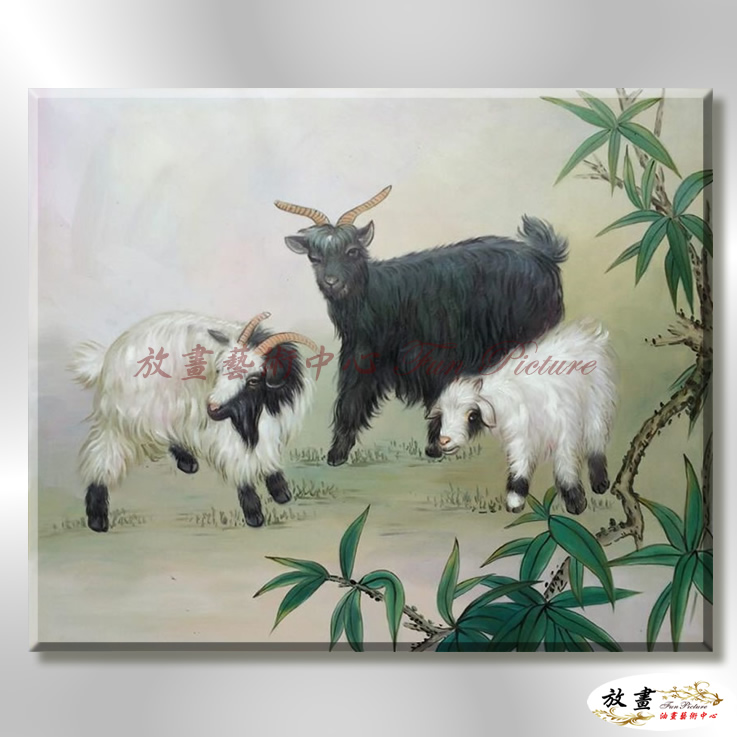 羊36 純手繪 油畫 橫幅 灰綠 中性色系 動物 大自然 藝術畫 掛畫 生肖 客廳 裝潢 室內設計
