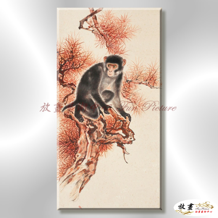 猴07 純手繪 油畫 直幅 紅灰 中性色系 動物 大自然 藝術畫 掛畫 生肖 工筆 裝潢 室內設計