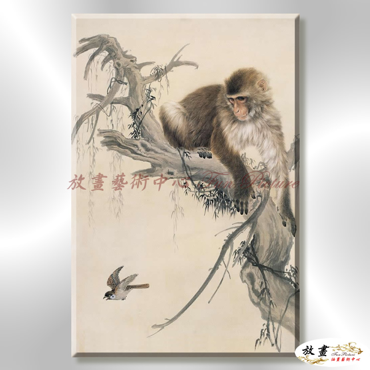 猴12 純手繪 油畫 直幅 褐咖 中性色系 動物 大自然 藝術畫 掛畫 生肖 工筆 裝潢 室內設計