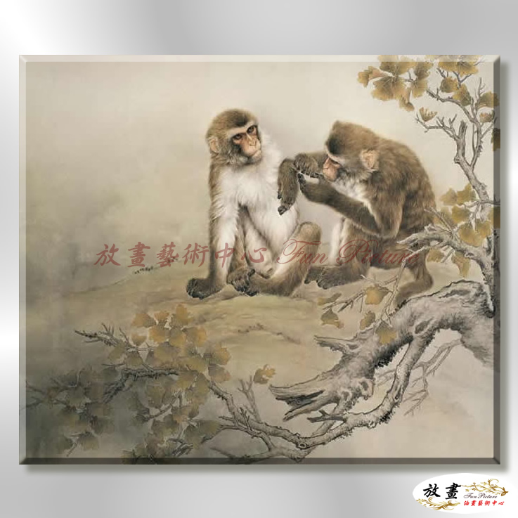 猴15 純手繪 油畫 橫幅 灰咖 中性色系 動物 大自然 藝術畫 掛畫 生肖 工筆 裝潢 室內設計