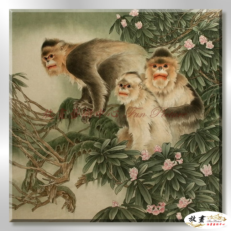 猴16 純手繪 油畫 方型 灰綠 中性色系 動物 大自然 藝術畫 掛畫 生肖 工筆 裝潢 室內設計