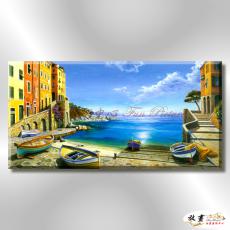 地中海風景De107 純手繪 油畫 橫幅 藍綠 冷色系 浪漫 歐式 咖啡廳 民宿 餐廳 海岸線 藝術品