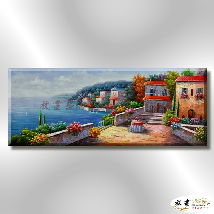 地中海風景De002 純手繪 油畫 橫幅 藍褐 中性色系 浪漫 歐式 咖啡廳 民宿 餐廳 海岸線 藝術品