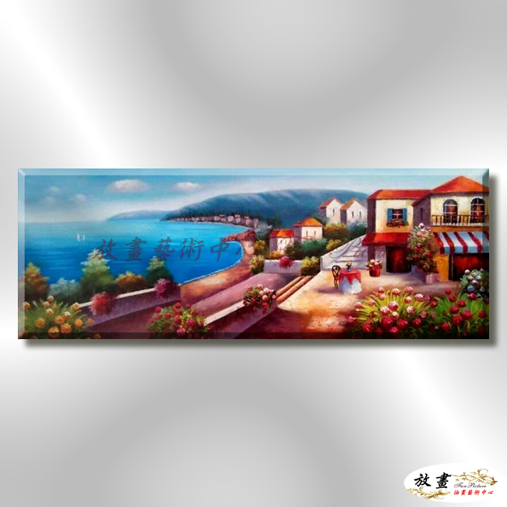 地中海風景De004 純手繪 油畫 橫幅 藍褐 中性色系 浪漫 歐式 咖啡廳 民宿 餐廳 海岸線 藝術品