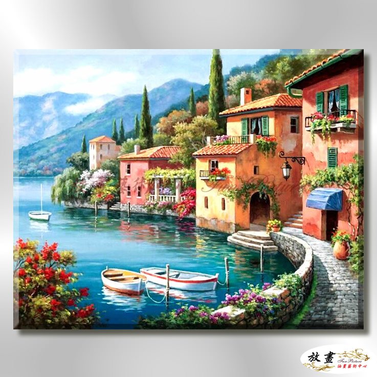 地中海風景De005 純手繪 油畫 橫幅 藍褐 中性色系 浪漫 歐式 咖啡廳 民宿 餐廳 海岸線 藝術品
