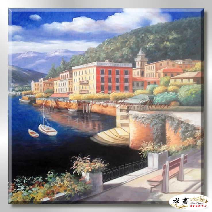 地中海風景De007 純手繪 油畫 方形 藍褐 中性色系 浪漫 歐式 咖啡廳 民宿 餐廳 海岸線 藝術品