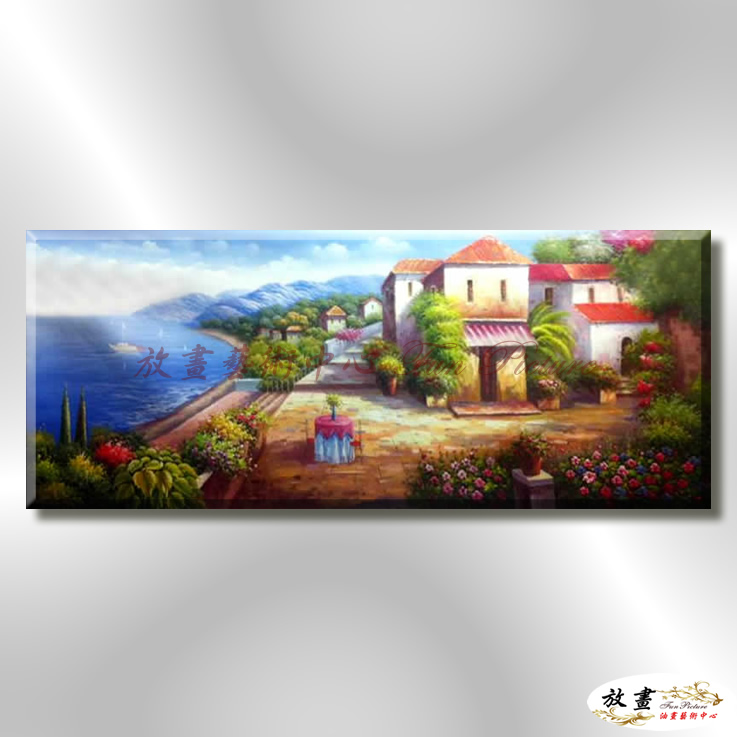 地中海風景De008 純手繪 油畫 橫幅 藍褐 中性色系 浪漫 歐式 咖啡廳 民宿 餐廳 海岸線 藝術品