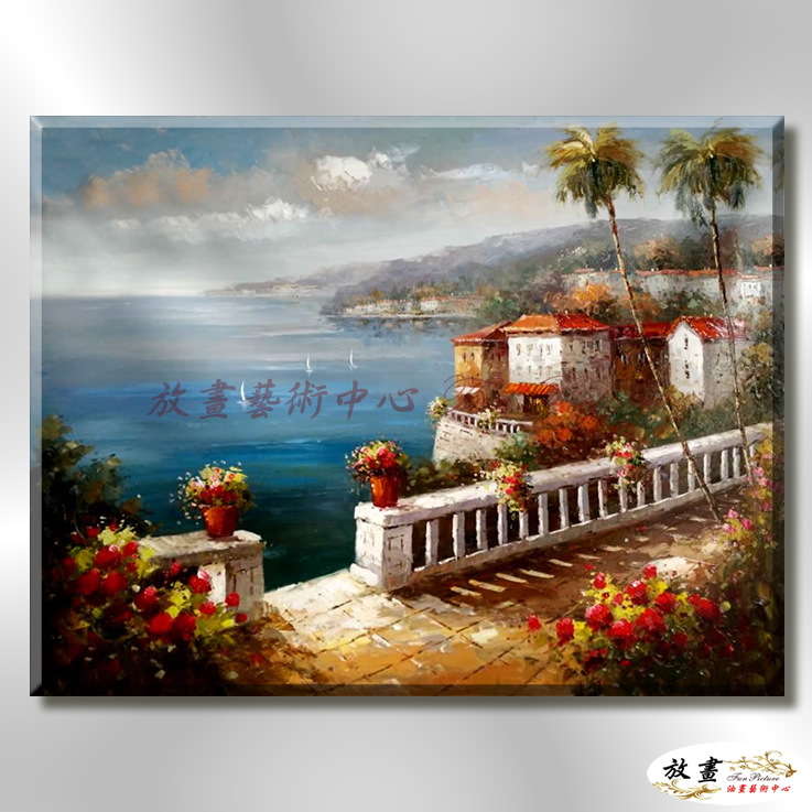 地中海風景De009 純手繪 油畫 橫幅 藍褐 中性色系 浪漫 歐式 咖啡廳 民宿 餐廳 海岸線 藝術品