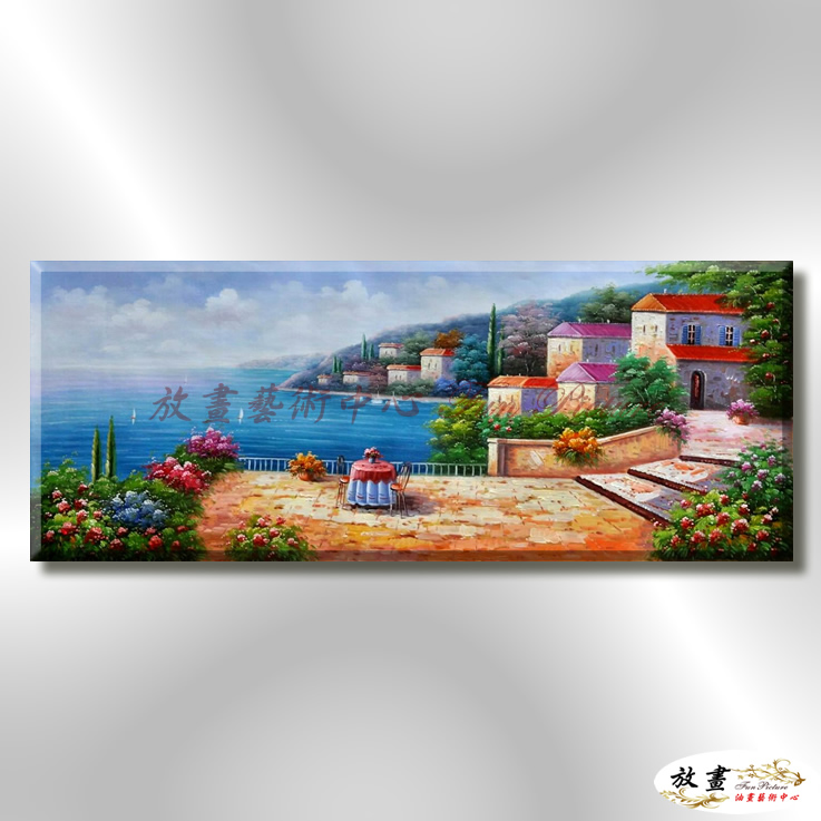 地中海風景De010 純手繪 油畫 橫幅 藍褐 中性色系 浪漫 歐式 咖啡廳 民宿 餐廳 海岸線 藝術品