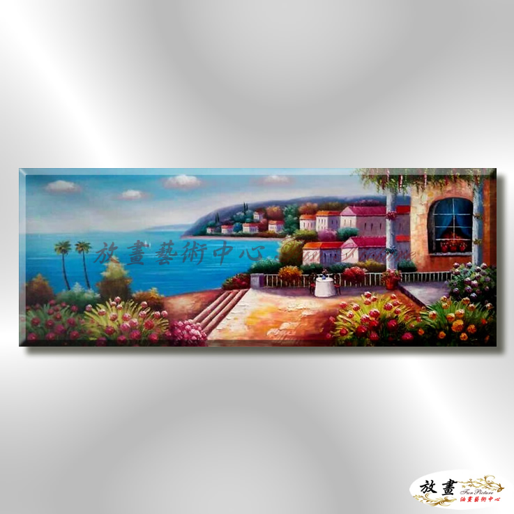 地中海風景De012 純手繪 油畫 橫幅 藍褐 中性色系 浪漫 歐式 咖啡廳 民宿 餐廳 海岸線 藝術品