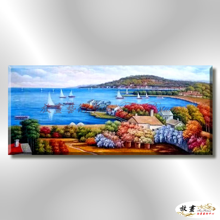 地中海風景De013 純手繪 油畫 橫幅 藍褐 中性色系 浪漫 歐式 咖啡廳 民宿 餐廳 海岸線 藝術品