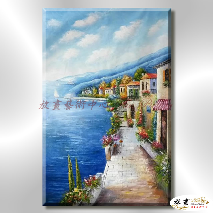 地中海風景De014 純手繪 油畫 直幅 藍色 冷色系 浪漫 歐式 咖啡廳 民宿 餐廳 海岸線 藝術品