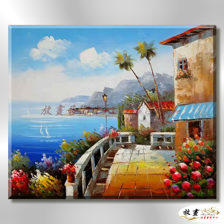 地中海風景De016 純手繪 油畫 橫幅 藍褐 中性色系 浪漫 歐式 咖啡廳 民宿 餐廳 海岸線 藝術品
