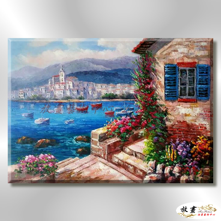 地中海風景De018 純手繪 油畫 橫幅 藍褐 中性色系 浪漫 歐式 咖啡廳 民宿 餐廳 海岸線 藝術品