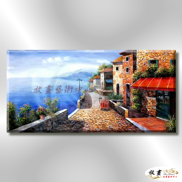 地中海風景De020 純手繪 油畫 橫幅 藍褐 中性色系 浪漫 歐式 咖啡廳 民宿 餐廳 海岸線 藝術品