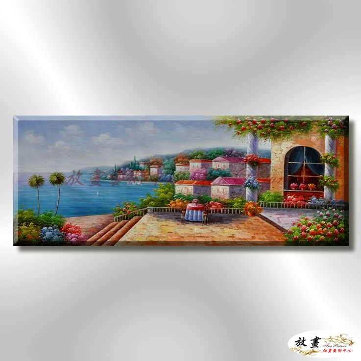 地中海風景De021 純手繪 油畫 橫幅 藍褐 中性色系 浪漫 歐式 咖啡廳 民宿 餐廳 海岸線 藝術品