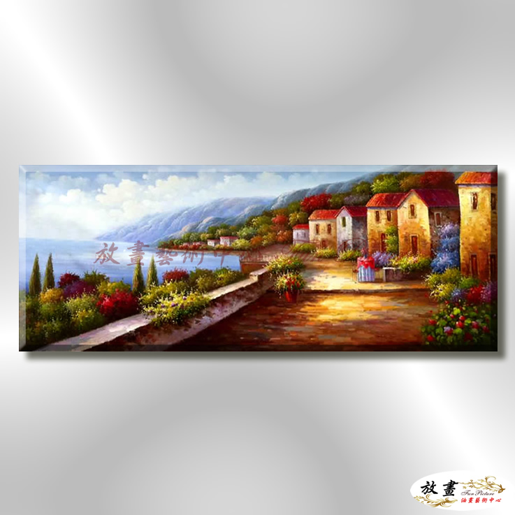 地中海風景De022 純手繪 油畫 橫幅 藍褐 中性色系 浪漫 歐式 咖啡廳 民宿 餐廳 海岸線 藝術品