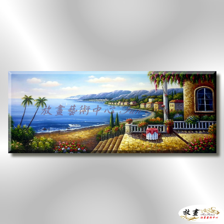 地中海風景De024 純手繪 油畫 橫幅 藍褐 中性色系 浪漫 歐式 咖啡廳 民宿 餐廳 海岸線 藝術品