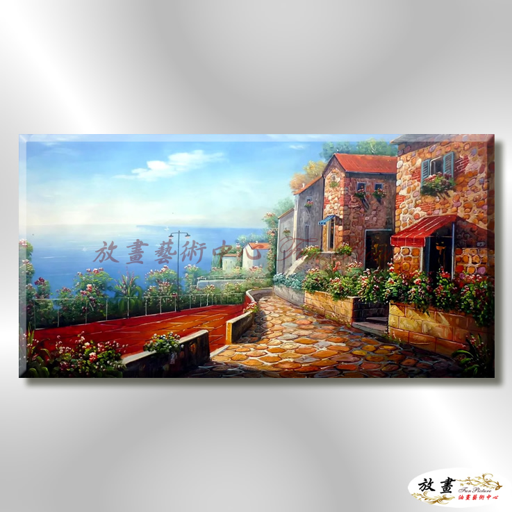 地中海風景De025 純手繪 油畫 橫幅 藍褐 中性色系 浪漫 歐式 咖啡廳 民宿 餐廳 海岸線 藝術品
