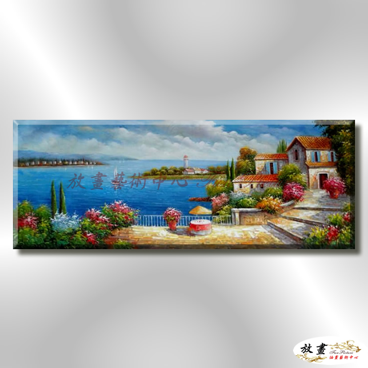 地中海風景De027 純手繪 油畫 橫幅 藍褐 中性色系 浪漫 歐式 咖啡廳 民宿 餐廳 海岸線 藝術品