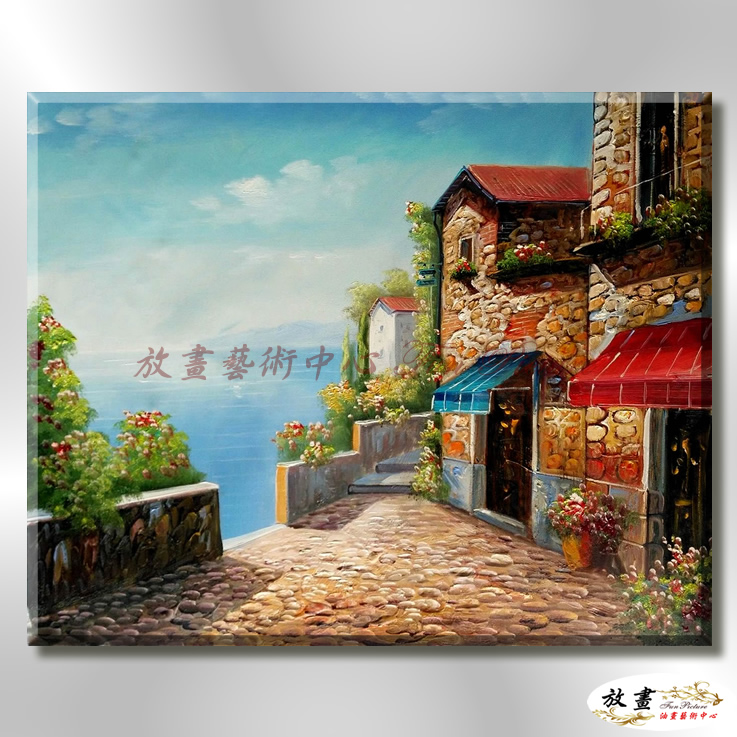地中海風景De029 純手繪 油畫 橫幅 藍褐 中性色系 浪漫 歐式 咖啡廳 民宿 餐廳 海岸線 藝術品