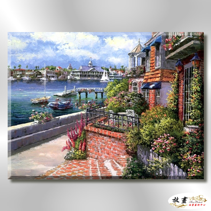 地中海風景De031 純手繪 油畫 橫幅 藍褐 中性色系 浪漫 歐式 咖啡廳 民宿 餐廳 海岸線 藝術品
