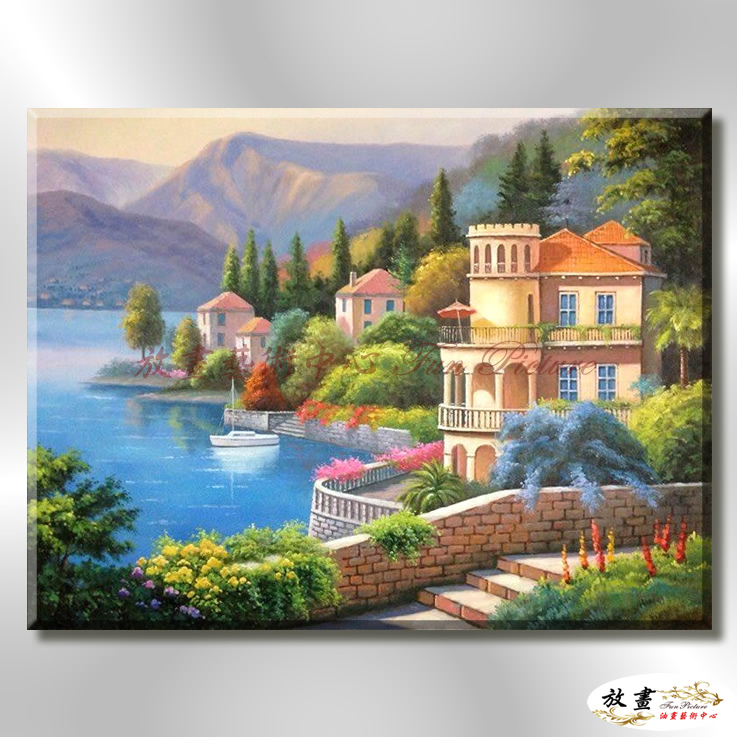 地中海風景De033 純手繪 油畫 橫幅 藍褐 中性色系 浪漫 歐式 咖啡廳 民宿 餐廳 海岸線 藝術品
