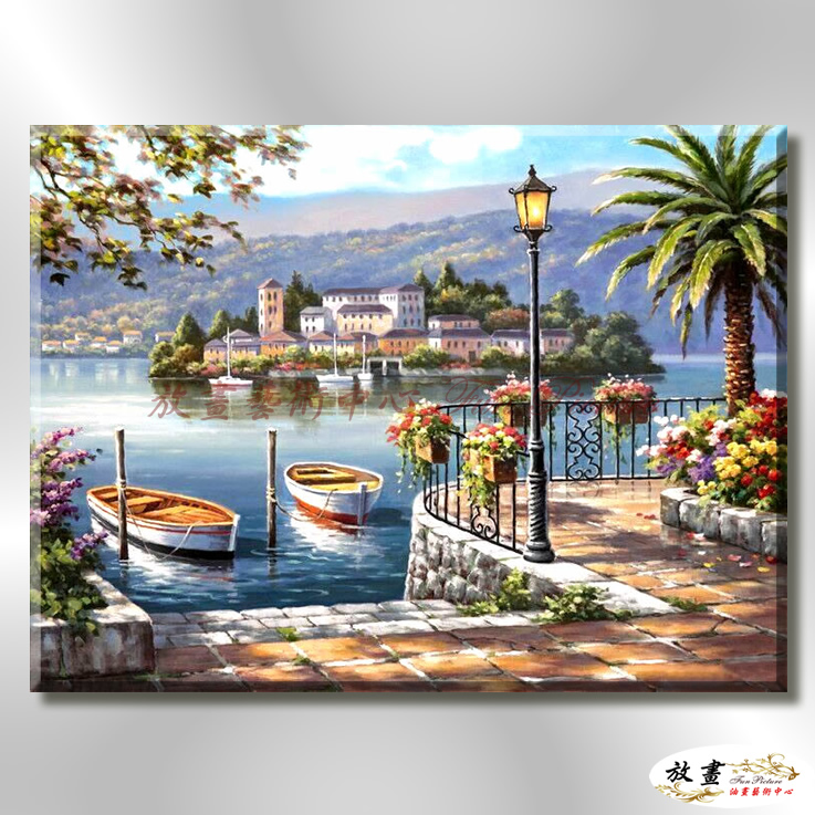 地中海風景De035 純手繪 油畫 橫幅 藍色 冷色系 浪漫 歐式 咖啡廳 民宿 餐廳 海岸線 藝術品