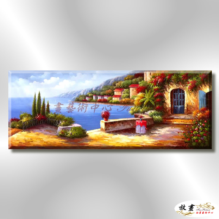 地中海風景De037 純手繪 油畫 橫幅 藍褐 中性色系 浪漫 歐式 咖啡廳 民宿 餐廳 海岸線 藝術品
