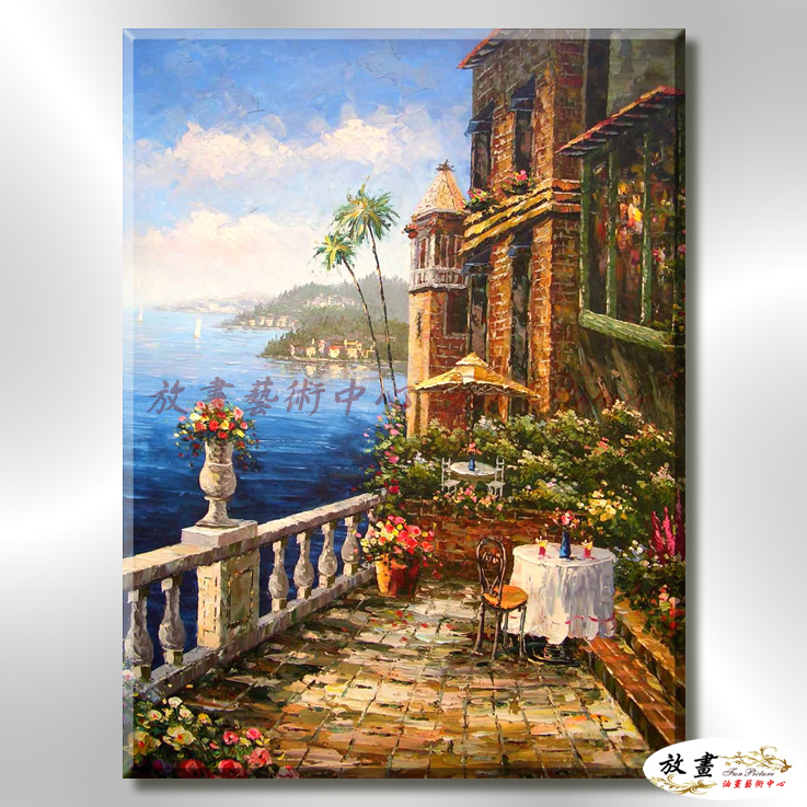 地中海風景De038 純手繪 油畫 直幅 藍褐 中性色系 浪漫 歐式 咖啡廳 民宿 餐廳 海岸線 藝術品