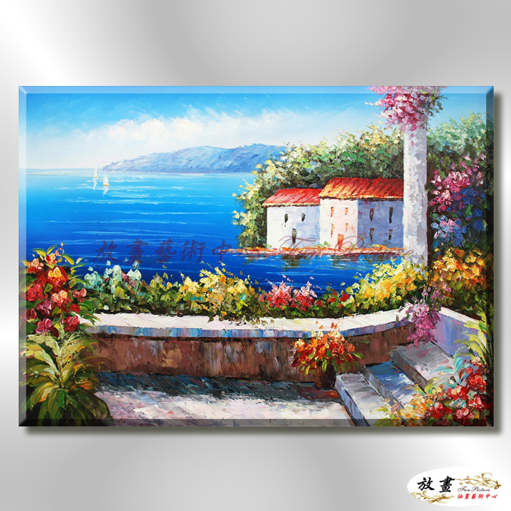 地中海風景De039 純手繪 油畫 橫幅 藍色 冷色系 浪漫 歐式 咖啡廳 民宿 餐廳 海岸線 藝術品