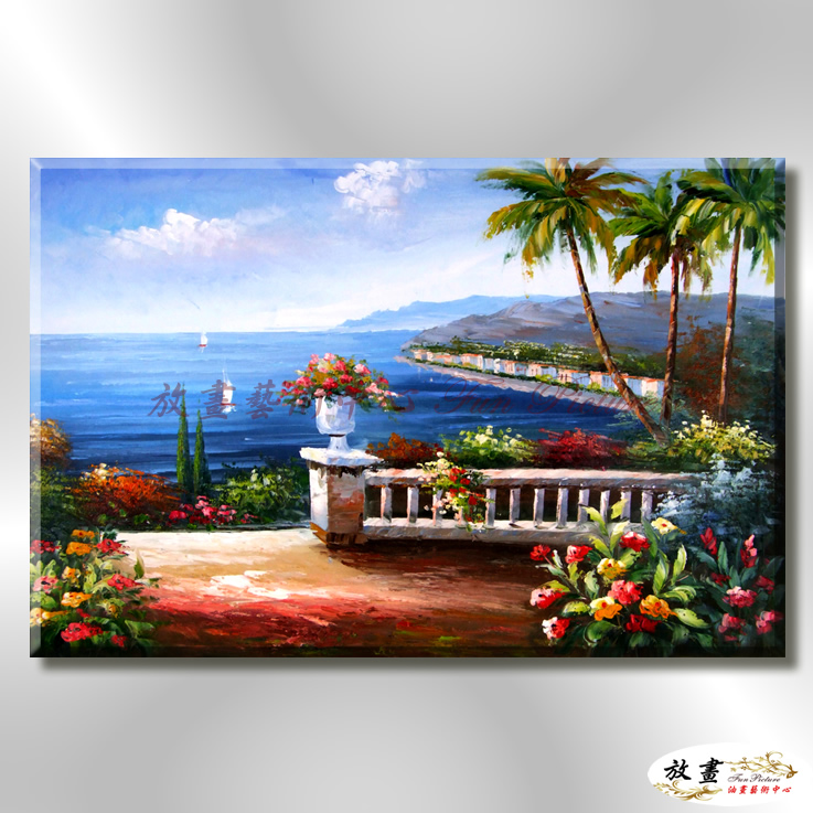 地中海風景De040 純手繪 油畫 橫幅 藍褐 中性色系 浪漫 歐式 咖啡廳 民宿 餐廳 海岸線 藝術品