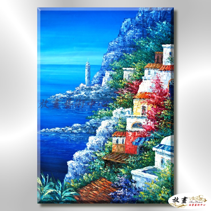 地中海風景De041 純手繪 油畫 直幅 藍色 冷色系 浪漫 歐式 咖啡廳 民宿 餐廳 海岸線 藝術品