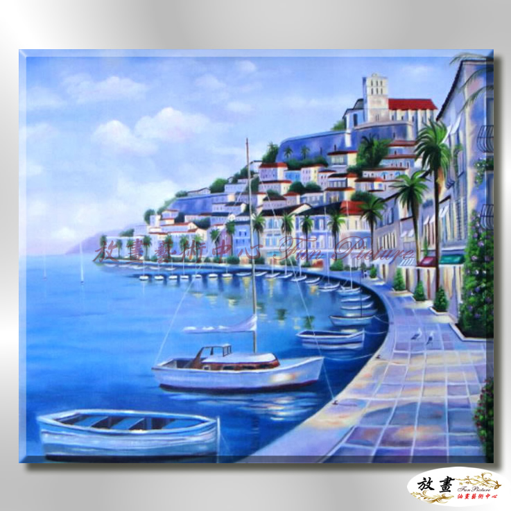地中海風景De042 純手繪 油畫 橫幅 藍色 冷色系 浪漫 歐式 咖啡廳 民宿 餐廳 海岸線 藝術品