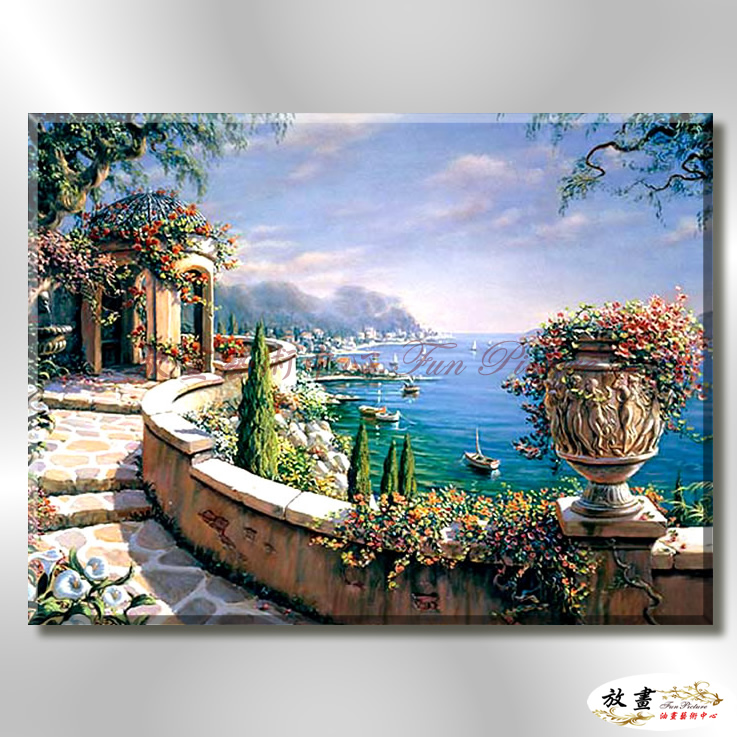 地中海風景De043 純手繪 油畫 橫幅 藍色 冷色系 浪漫 歐式 咖啡廳 民宿 餐廳 海岸線 藝術品