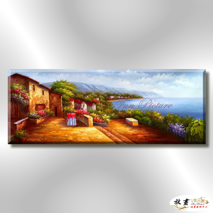 地中海風景De044 純手繪 油畫 橫幅 藍褐 中性色系 浪漫 歐式 咖啡廳 民宿 餐廳 海岸線 藝術品