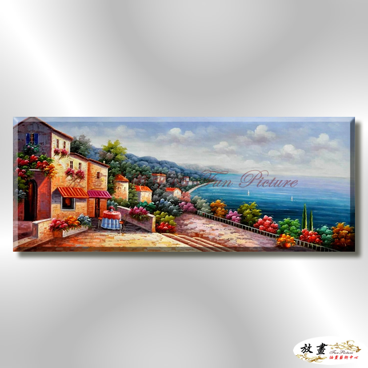 地中海風景De045 純手繪 油畫 橫幅 藍褐 中性色系 浪漫 歐式 咖啡廳 民宿 餐廳 海岸線 藝術品