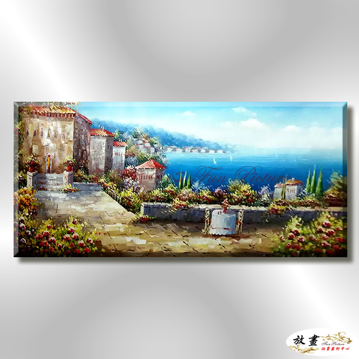 地中海風景De046 純手繪 油畫 橫幅 藍褐 中性色系 浪漫 歐式 咖啡廳 民宿 餐廳 海岸線 藝術品