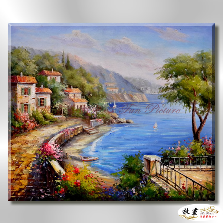 地中海風景De047 純手繪 油畫 橫幅 藍褐 中性色系 浪漫 歐式 咖啡廳 民宿 餐廳 海岸線 藝術品