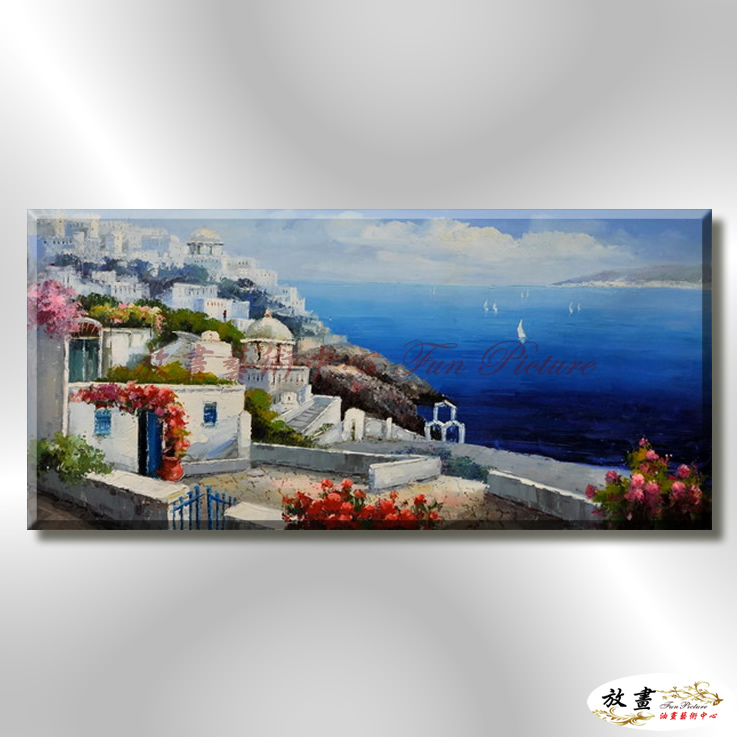 地中海風景De048 純手繪 油畫 橫幅 藍白 冷色系 浪漫 歐式 咖啡廳 民宿 餐廳 海岸線 藝術品