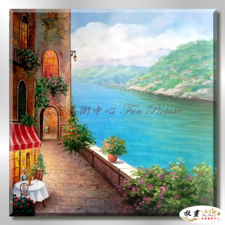 地中海風景De050 純手繪 油畫 方形 藍褐 中性色系 浪漫 歐式 咖啡廳 民宿 餐廳 海岸線 藝術品