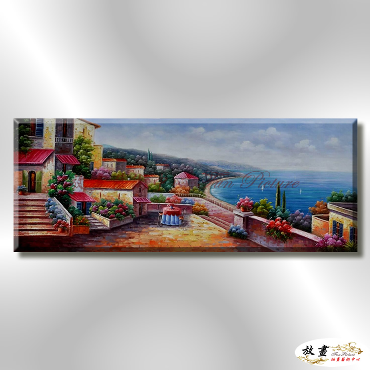 地中海風景De052 純手繪 油畫 橫幅 藍褐 中性色系 浪漫 歐式 咖啡廳 民宿 餐廳 海岸線 藝術品