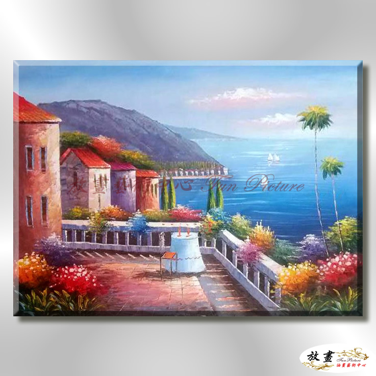 地中海風景De053 純手繪 油畫 橫幅 藍褐 中性色系 浪漫 歐式 咖啡廳 民宿 餐廳 海岸線 藝術品