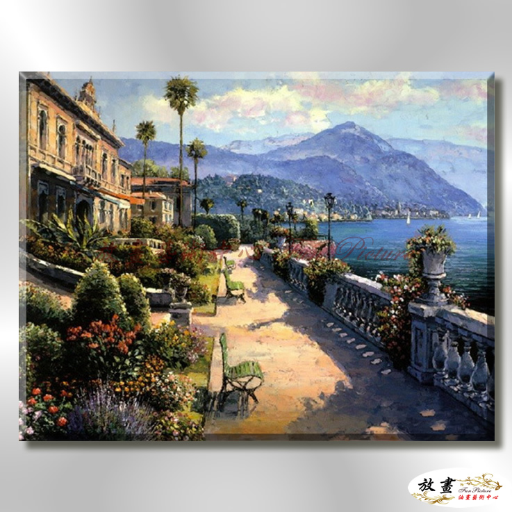 地中海風景De055 純手繪 油畫 橫幅 藍褐 中性色系 浪漫 歐式 咖啡廳 民宿 餐廳 海岸線 藝術品