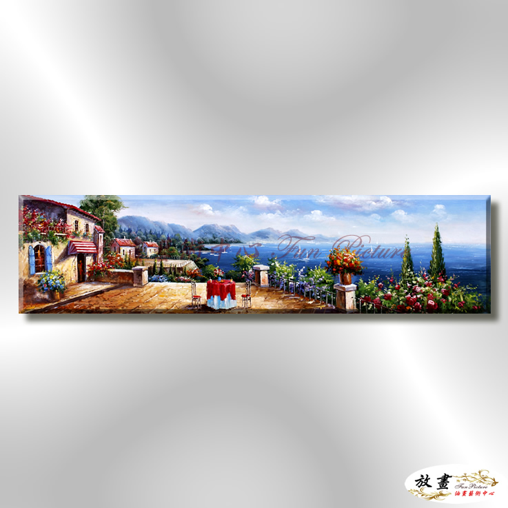 地中海風景De056 純手繪 油畫 橫幅 藍褐 中性色系 浪漫 歐式 咖啡廳 民宿 餐廳 海岸線 大尺寸