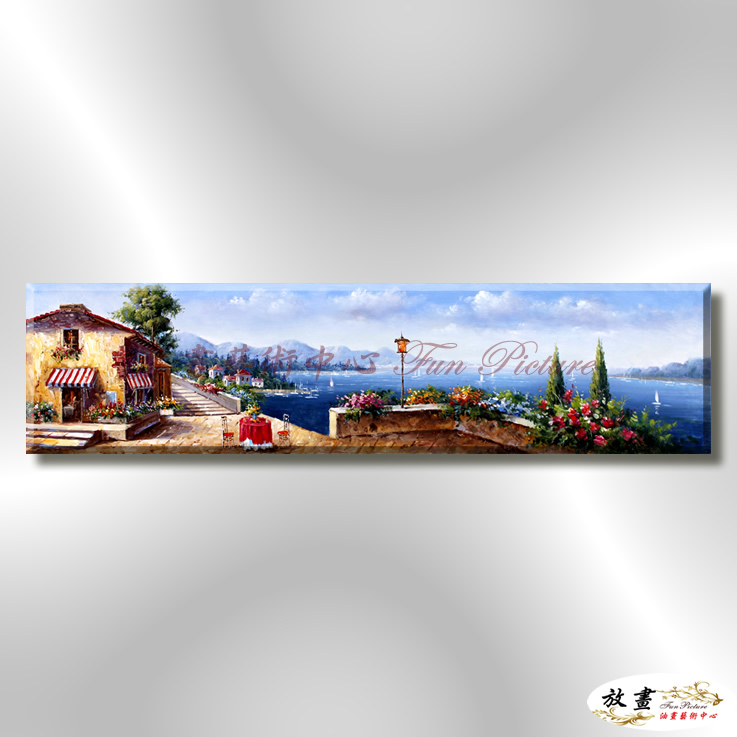 地中海風景De057 純手繪 油畫 橫幅 藍褐 中性色系 浪漫 歐式 咖啡廳 民宿 餐廳 海岸線 大尺寸
