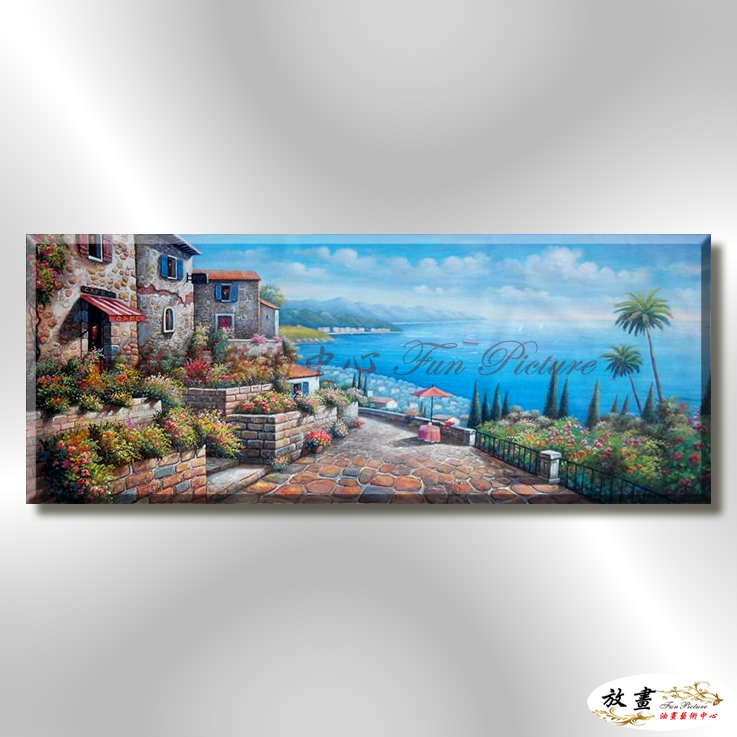 地中海風景De058 純手繪 油畫 橫幅 藍褐 中性色系 浪漫 歐式 咖啡廳 民宿 餐廳 海岸線 實拍影片