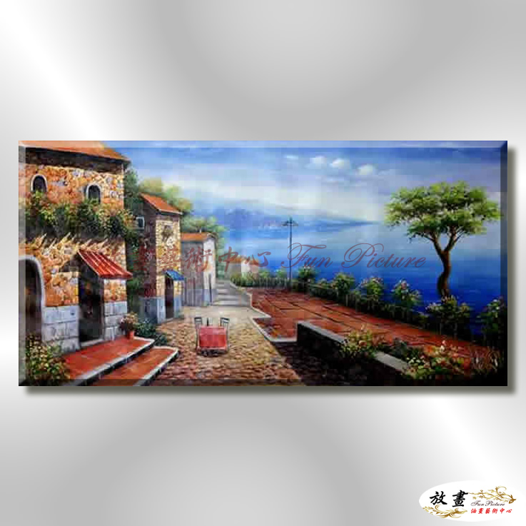地中海風景De059 純手繪 油畫 橫幅 藍褐 中性色系 浪漫 歐式 咖啡廳 民宿 餐廳 海岸線 藝術品